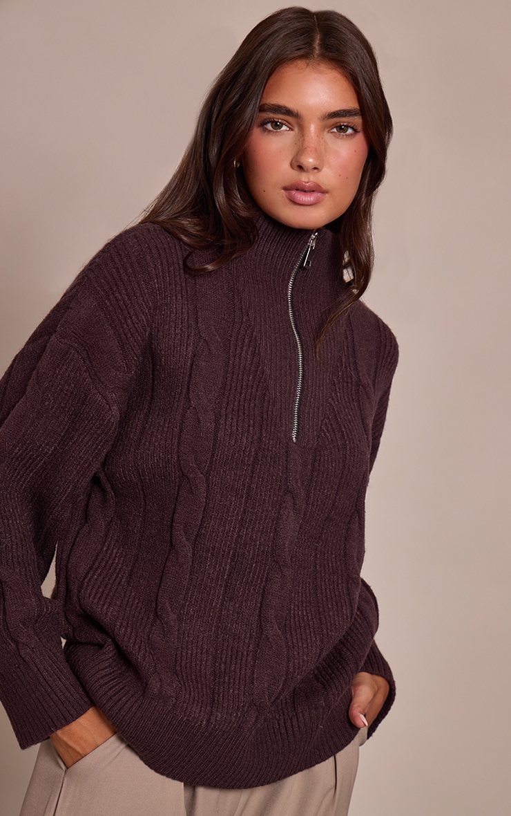 Chocolate Zip Detail Cable Knit Oversized Sweater image 1