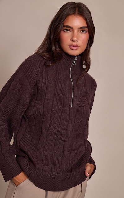 Chocolate Zip Detail Cable Knit Oversized Jumper