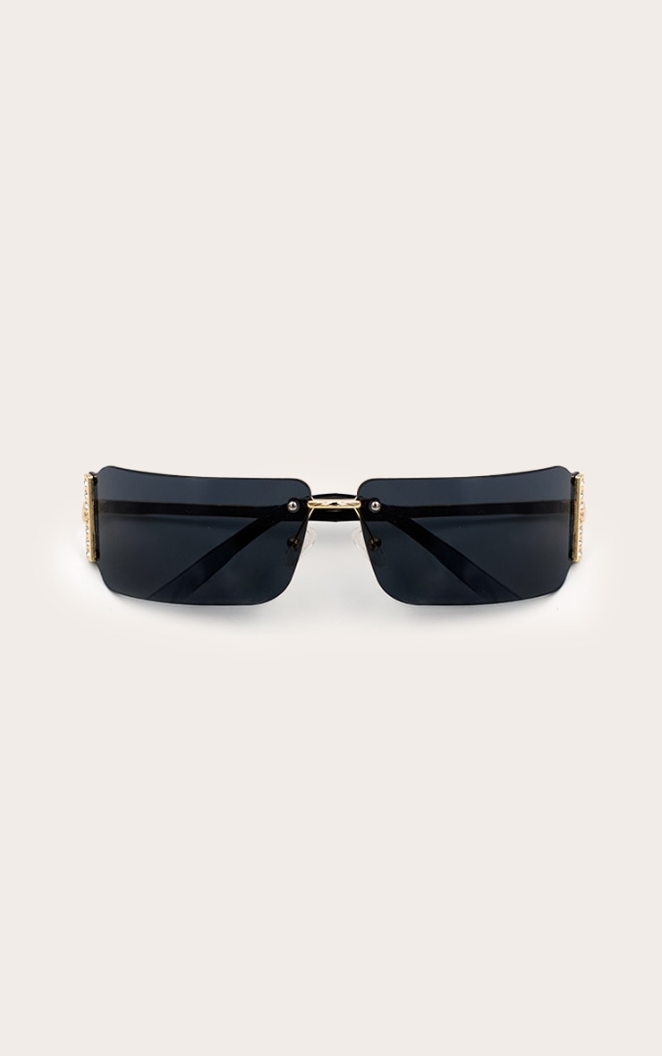 Black Square Diamante Side Wrap Round Sunglasses image 2