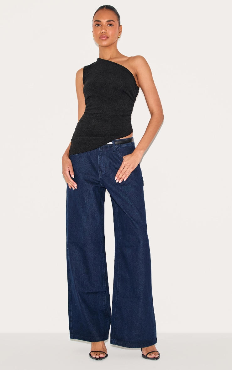 Top long asymétrique texturé noir à épaule unique image 3