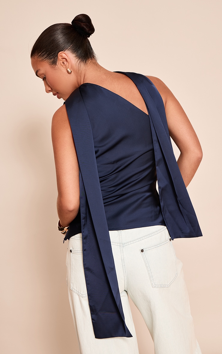 Navy Satin Asymmetric Scarf Detail Top image 2