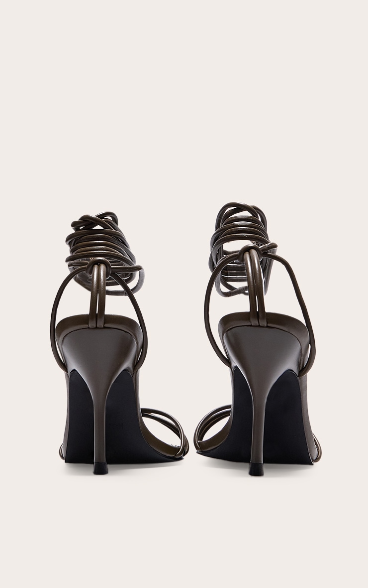 Wide Fit Olive PU Square Toe Lace Up High Stiletto Heeled Sandals image 3
