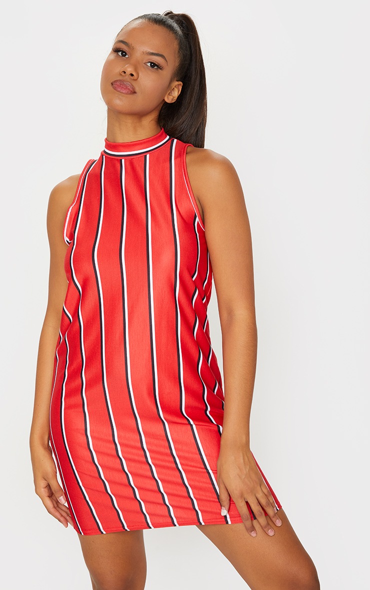 Red Stripe Sleeveless Oversized T Shirt Dress