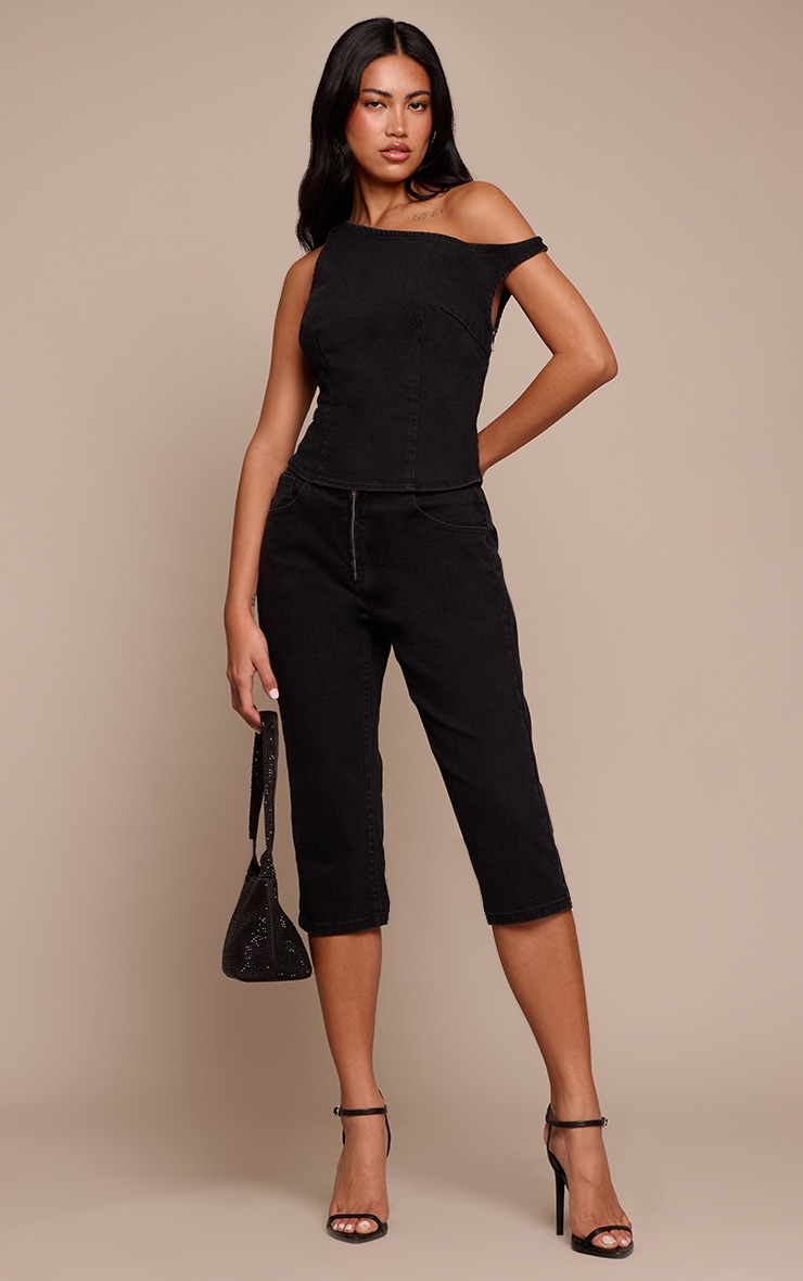 Black Denim Asymmetric Sleeveless Top image 3