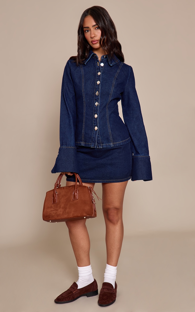 Petite Indigo Blue Wash Long Sleeve Fitted Denim Shirt image 4