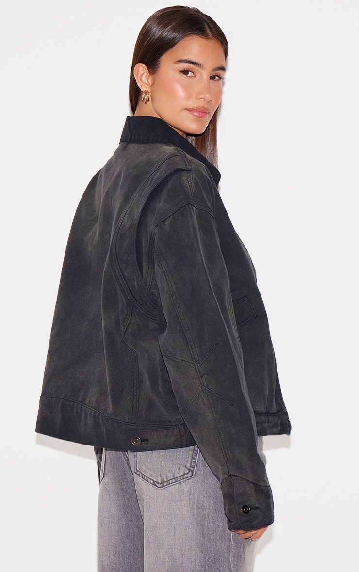Washed Black Boxy Seam Detail Denim Carpenter Jacket image 2