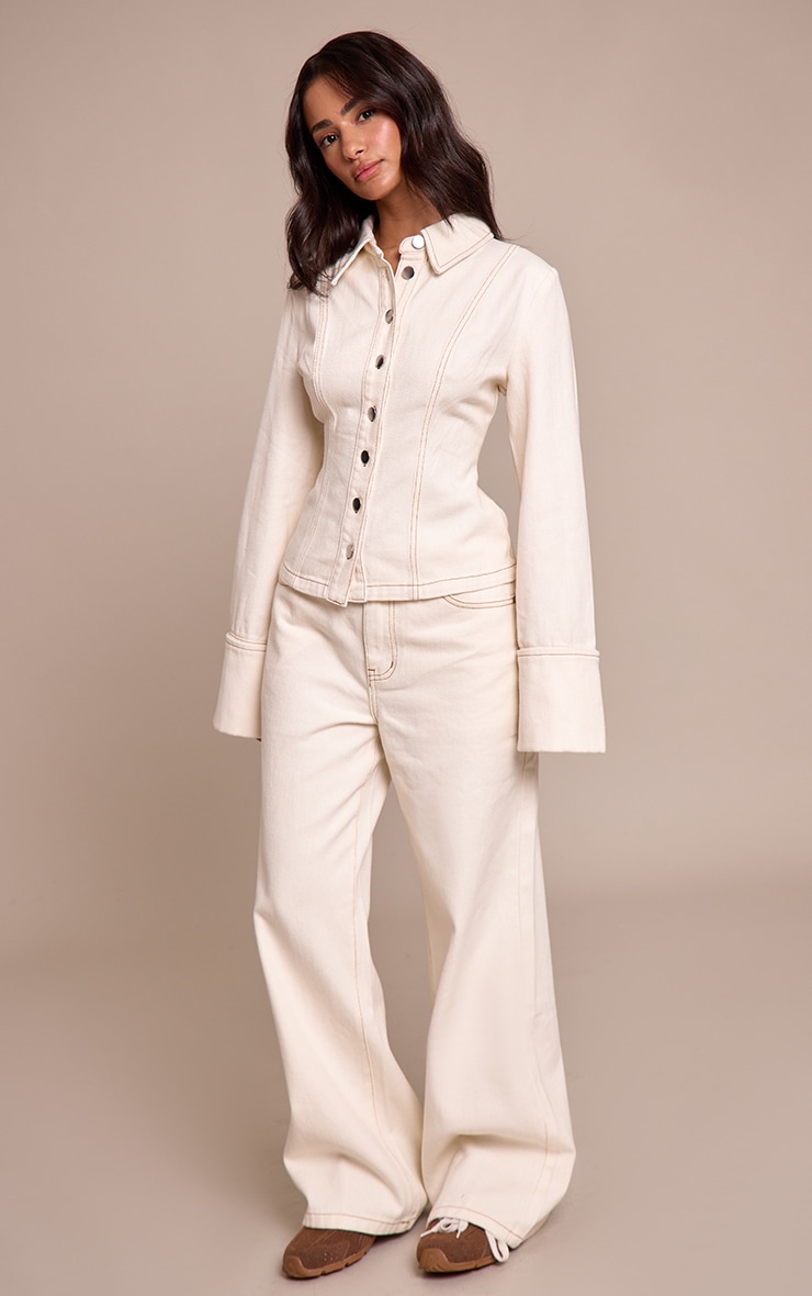 Petite Ecru Contrast Stitch Long Sleeve Fitted Denim Shirt image 3