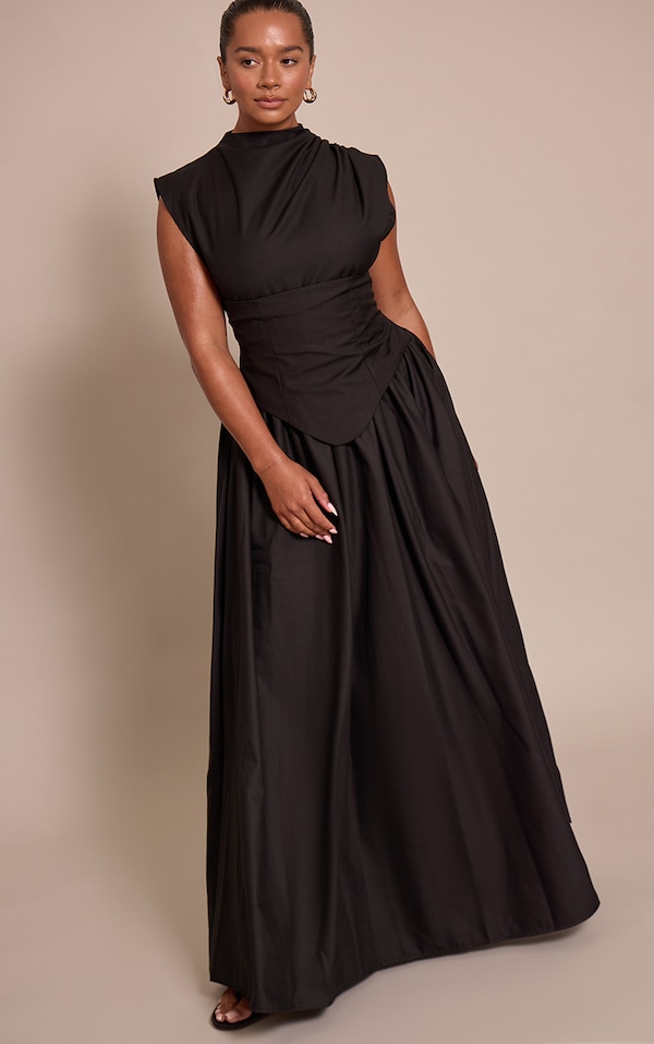 Shape black Woven High Neck Corseted Maxi Shift Dress