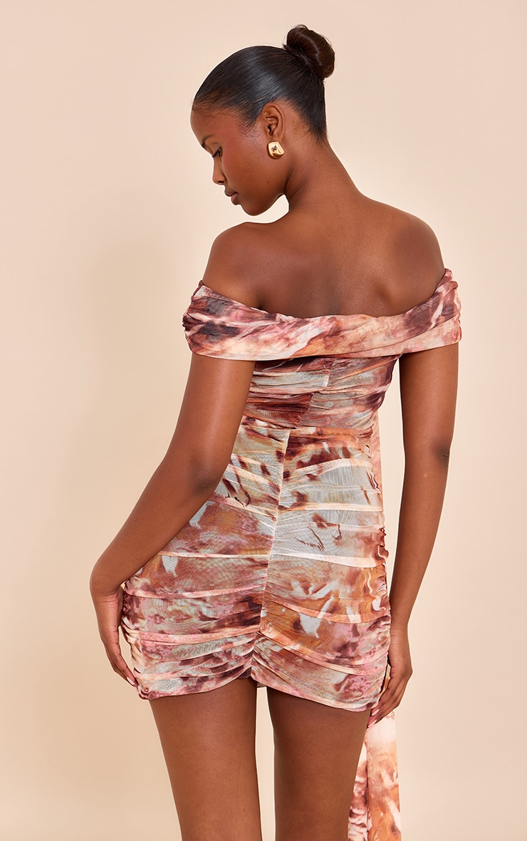 Beige Abstract Print Lined Mesh Bardot Mini Dress image 2