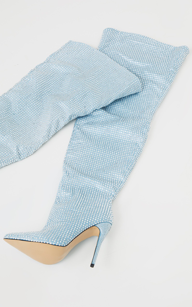 Blue Diamante Slouch Thigh High Boots