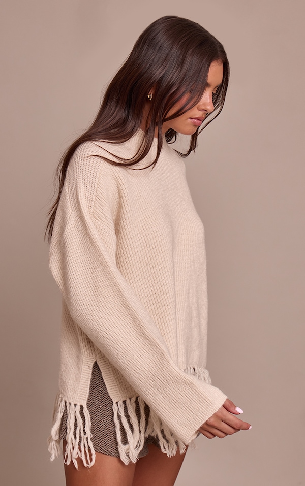 Beige Round Neck Fringe Hem Oversized Sweater