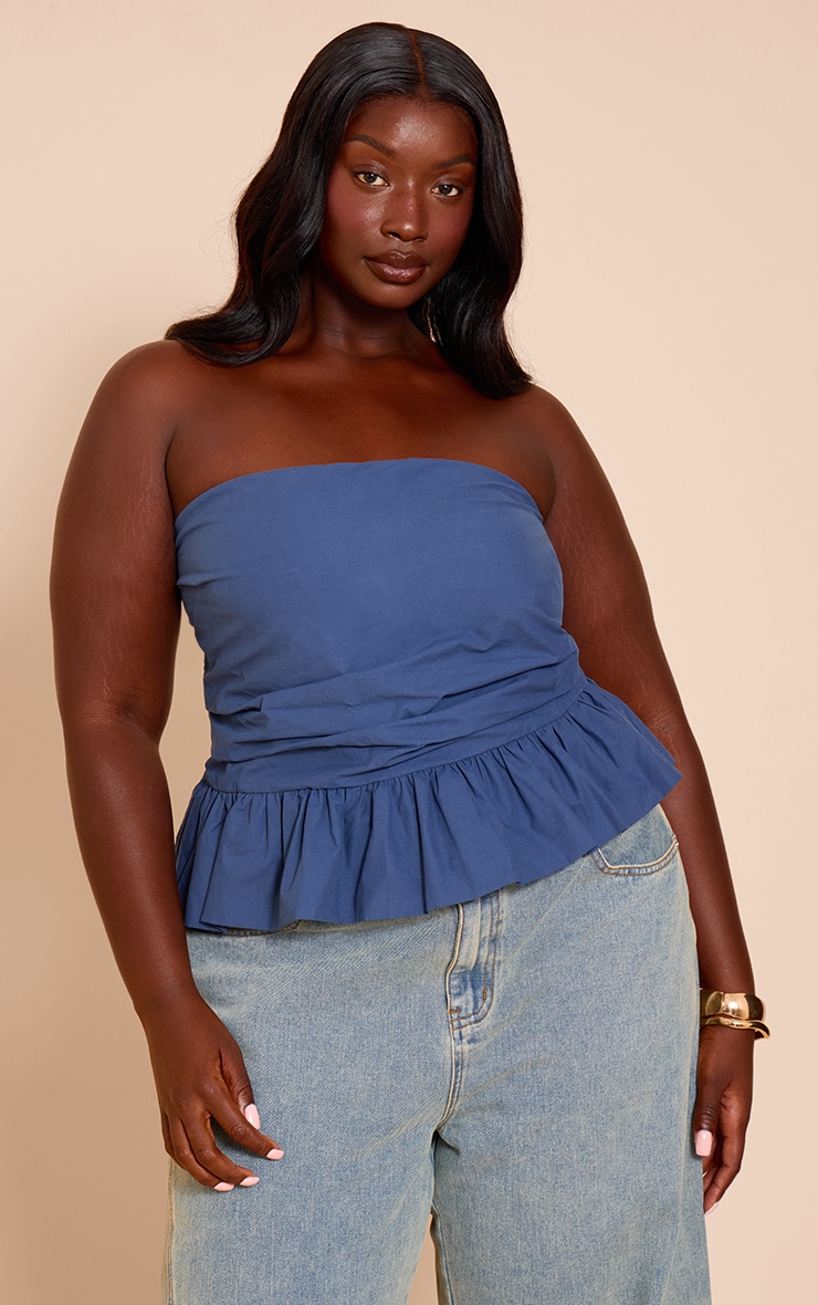Plus Navy Cotton Bandeau Peplum Frill Top image 1