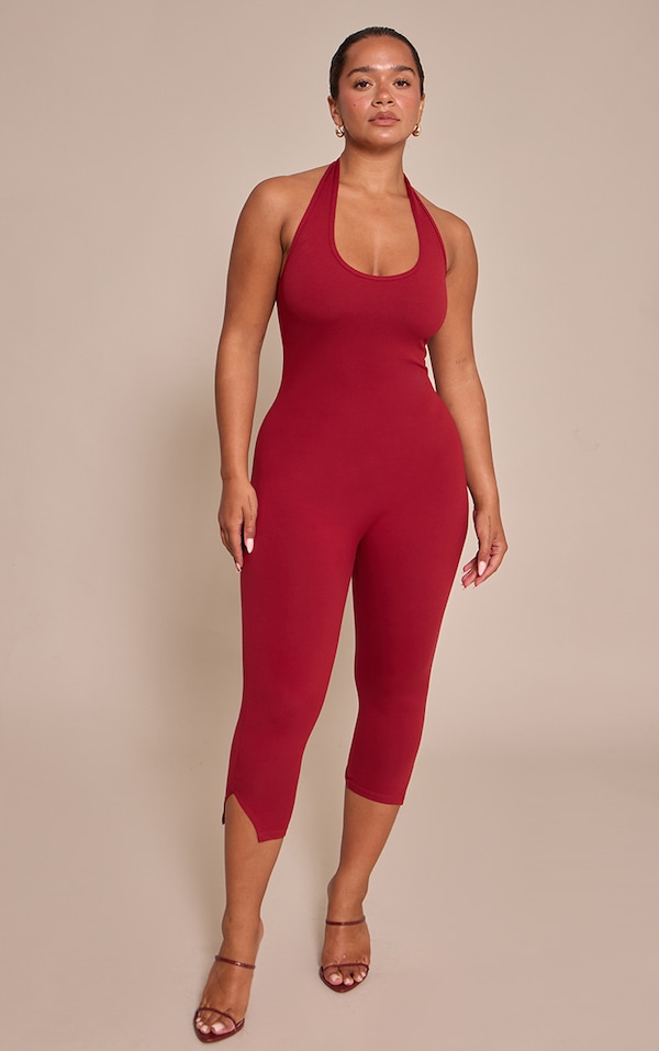 Shape Deep Red Sculpt Halterneck Capri Jumpsuit