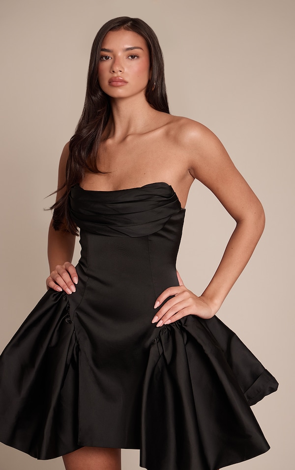 Black Satin Bandeau Extreme Puff Shift Dress