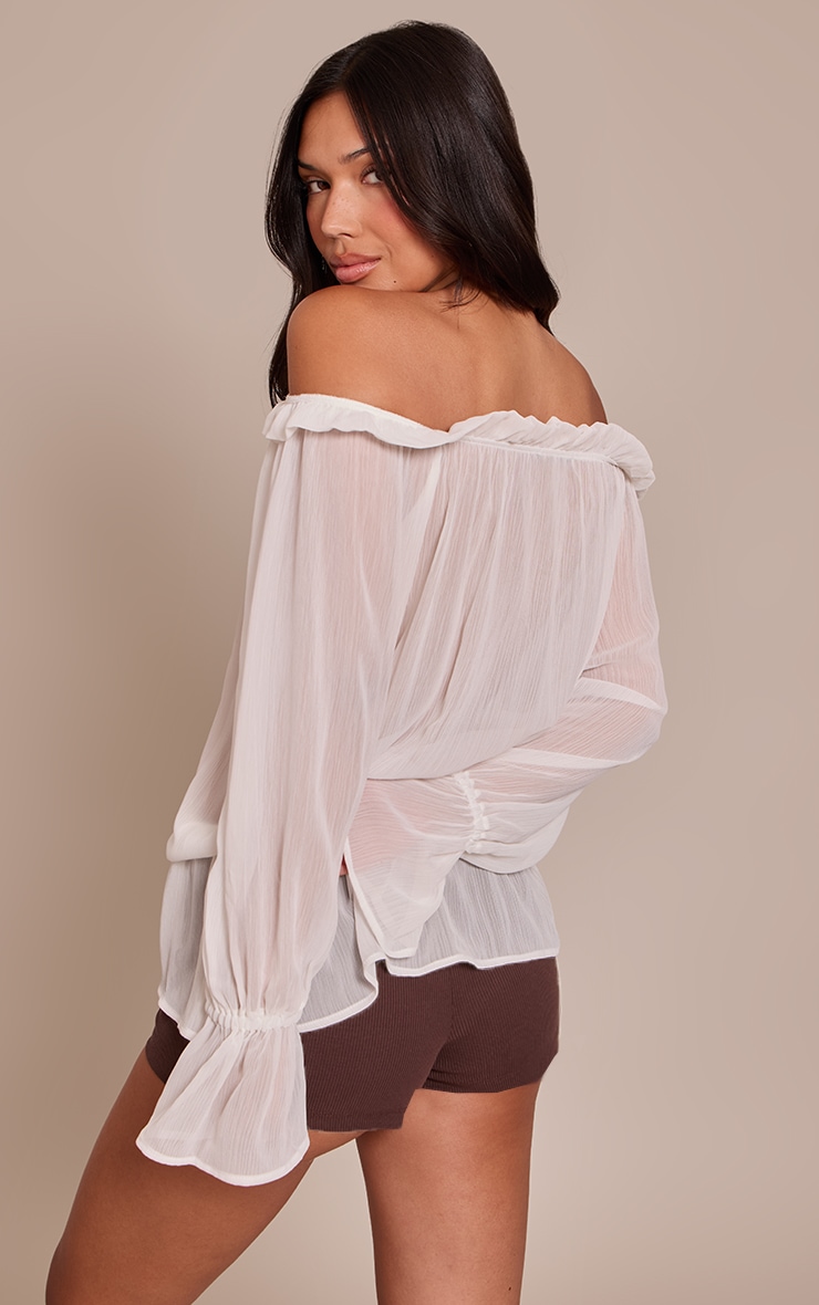 Cream Chiffon Lace Up Detail Bardot Long Sleeve Top image 2