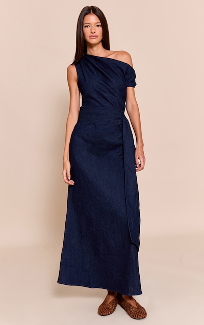Indigo Blue Chambray Denim Ruched Belted Midaxi Dress