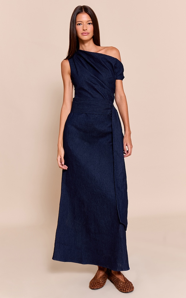 Indigo Blue Chambray Denim Ruched Belted Midaxi Dress