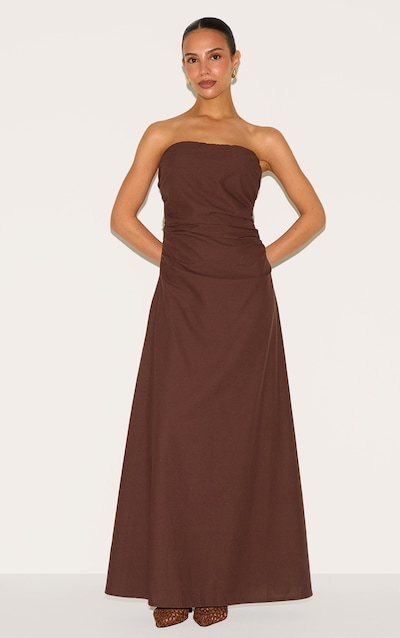 Petite Chocolate Linen Look Bandeau Maxi Dress