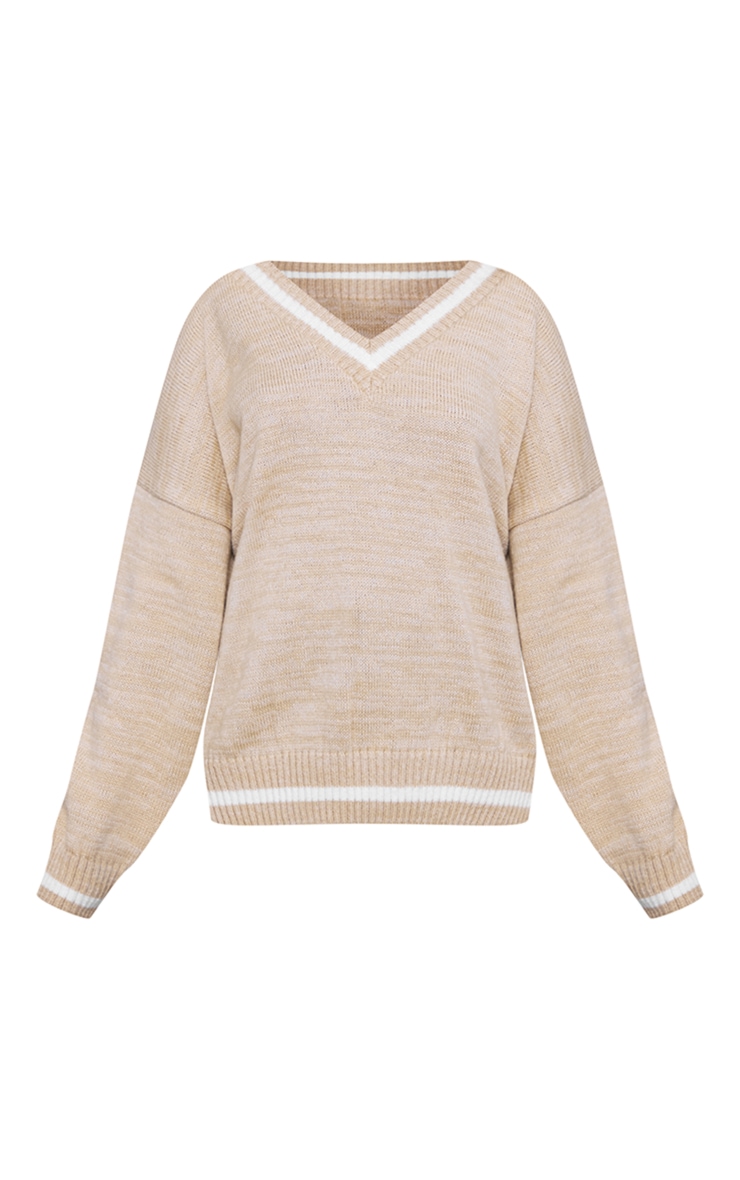 Stone V Neck Varsity Style Oversized Knit Jumper Knitwear PLT QA