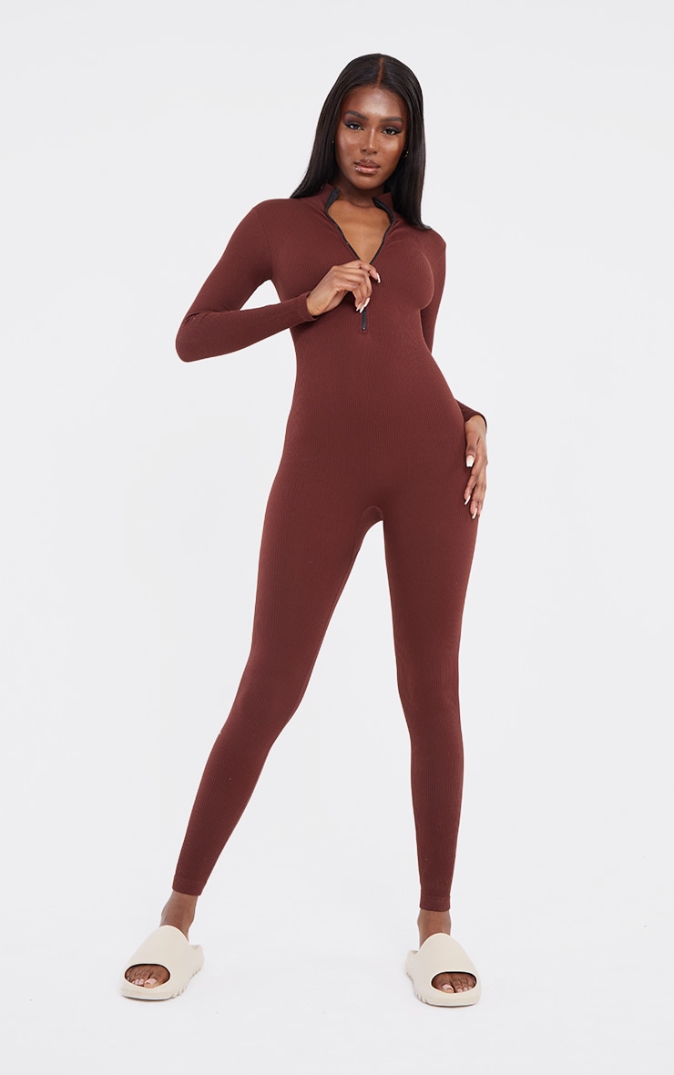 Tall Chocolate Structured Snatched Rib Jumpsuit image 1