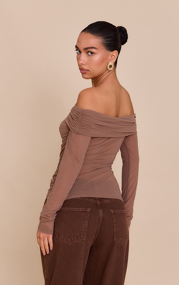 Mushroom Stretch Chiffon Ruching Bardot Detail Long Sleeve Top image 2