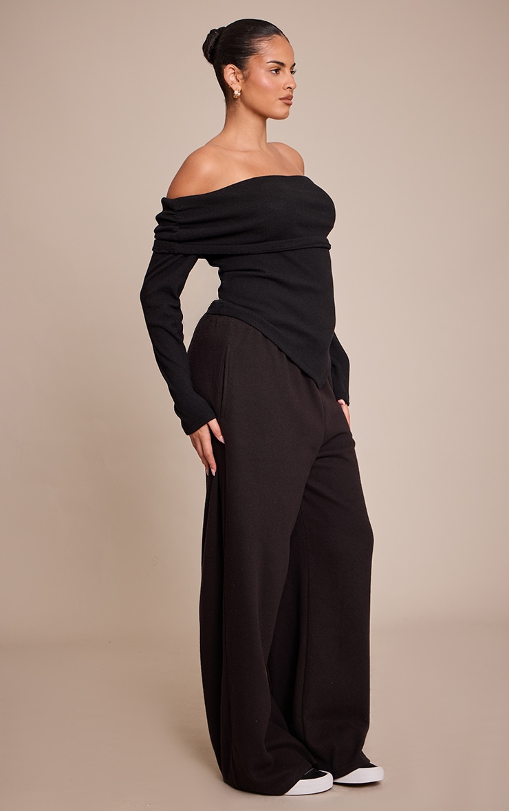 Plus Black Soft Touch Rib Off The Shoulder Long Sleeve Top image 3
