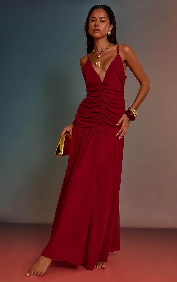 Magenta Chiffon Ruched Maxi Beach Dress image 1