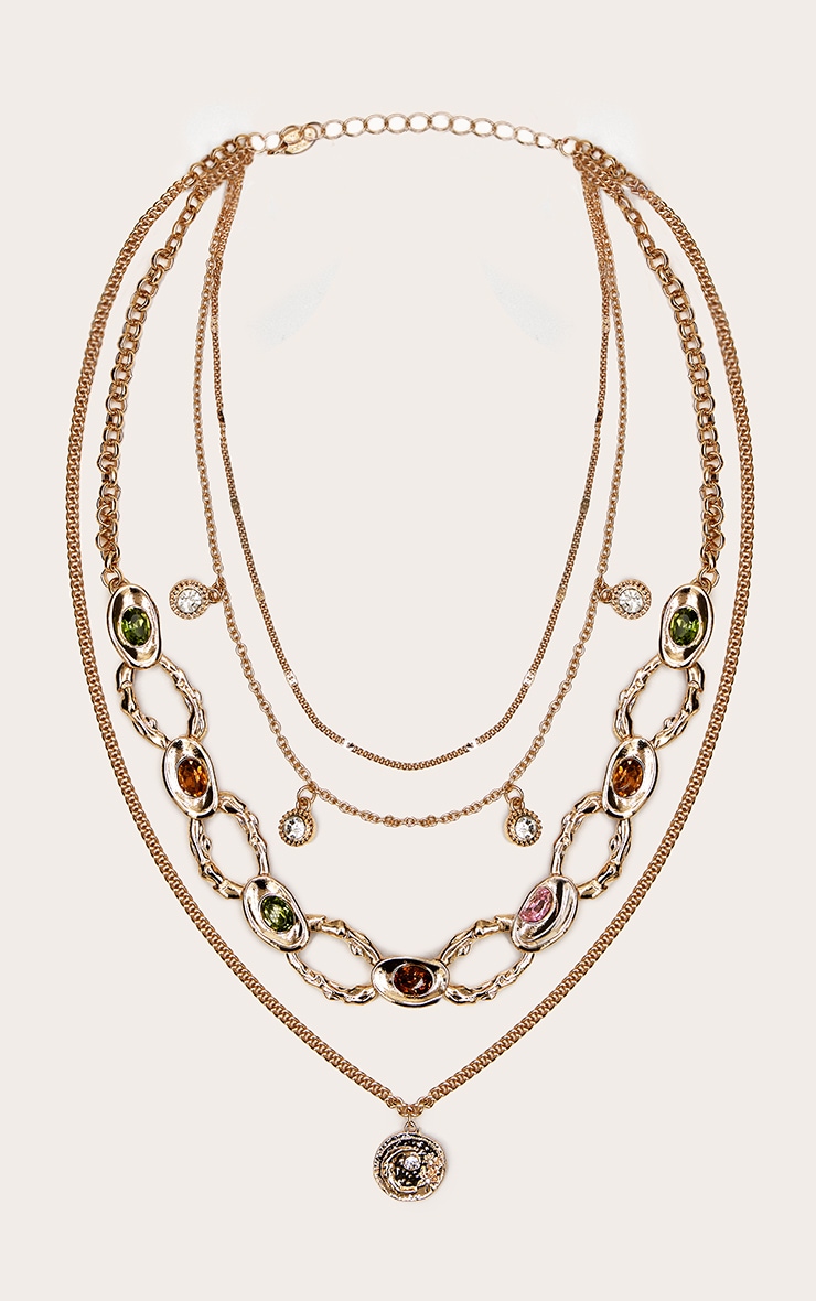 Collier superposé texturé doré à pierres colorées image 1