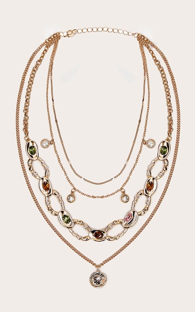 Gold Colored Stone Hammered Detail Layered Necklace