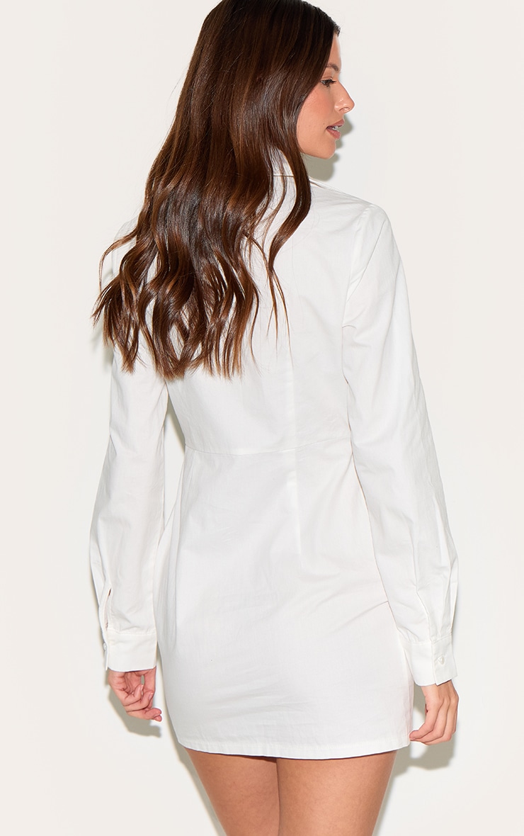 White Woven Asymmetric Pearl Detail Shirt Dress image 2