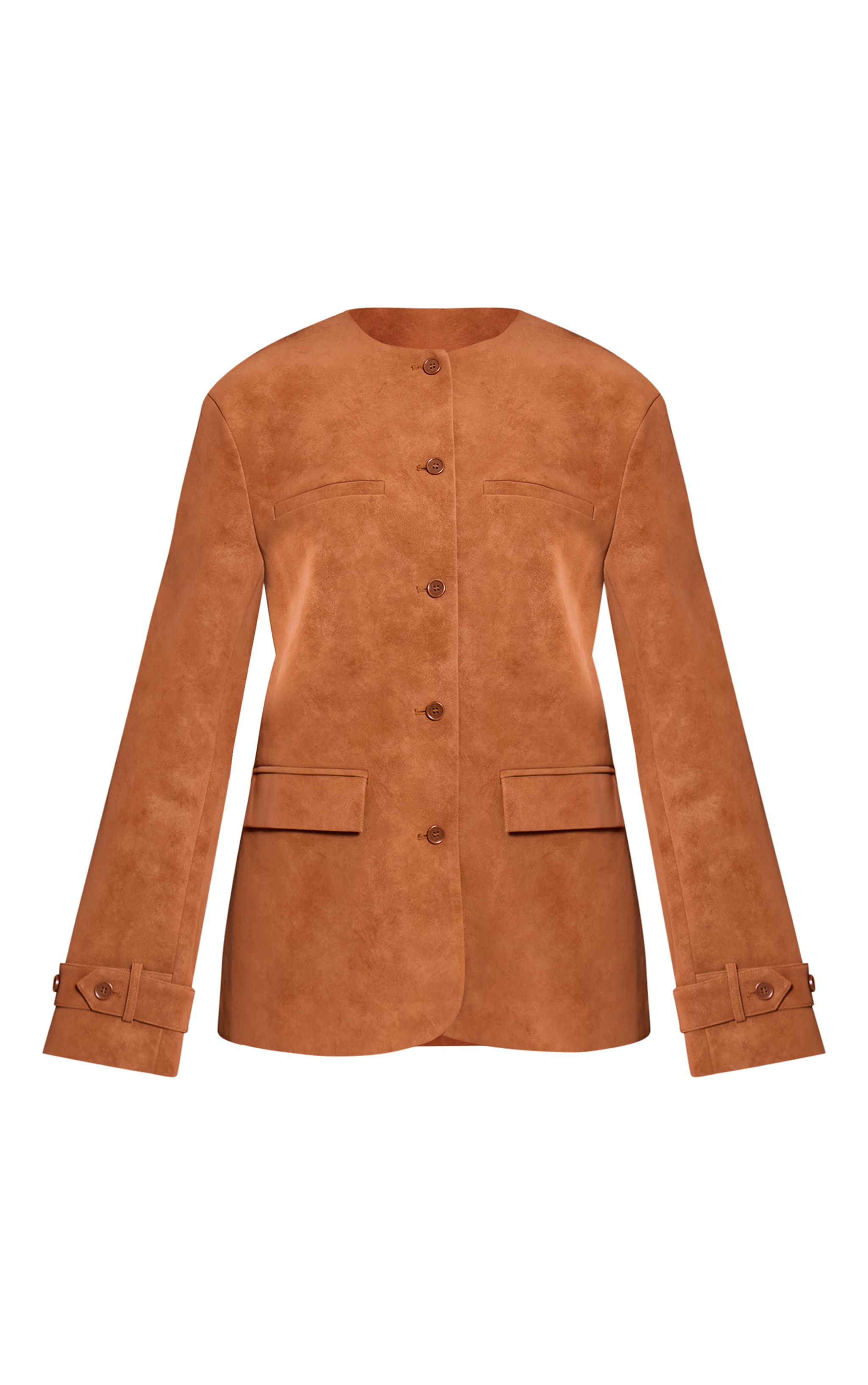 Tan Collarless Button Detail Faux Suede  Jacket image 5