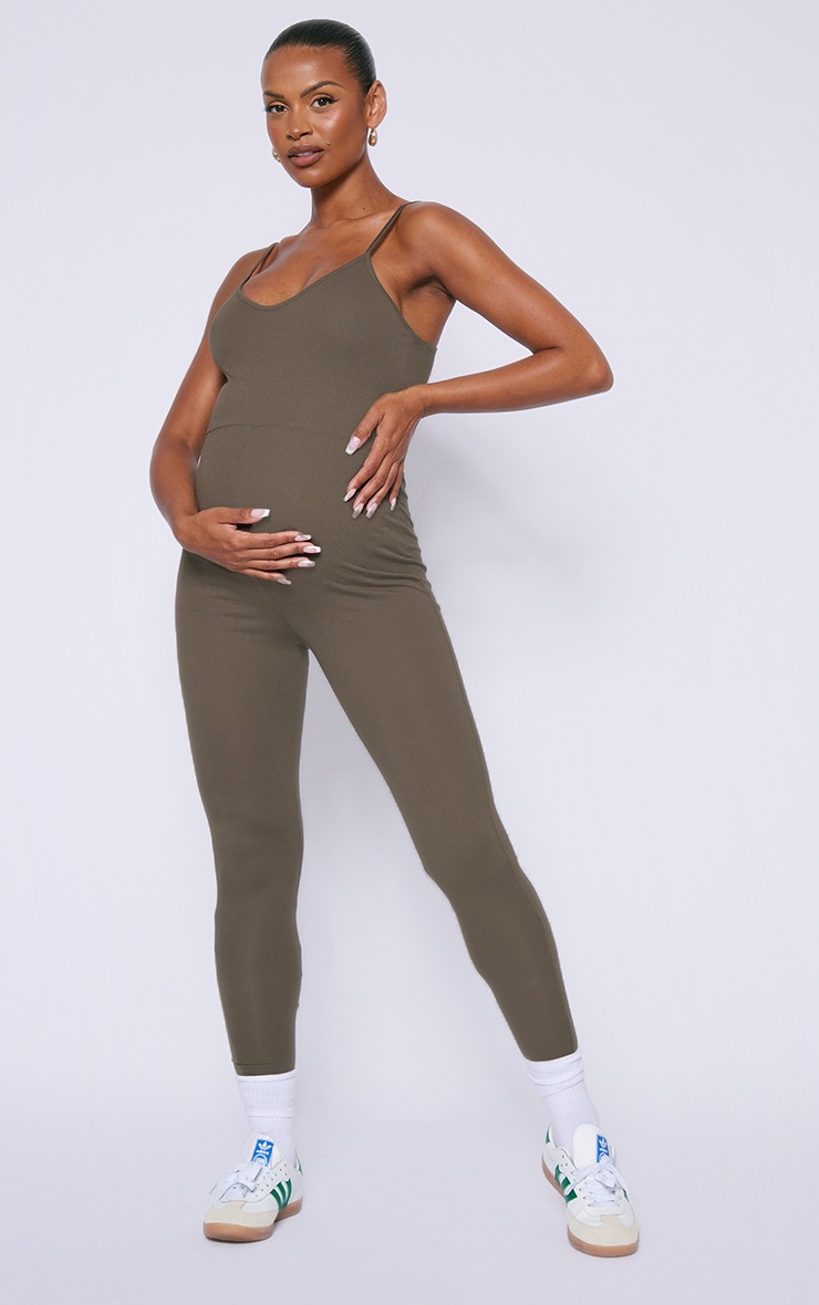 Maternité Combinaison de grossesse basique vert olive froncé à décolleté et bretelles image 3