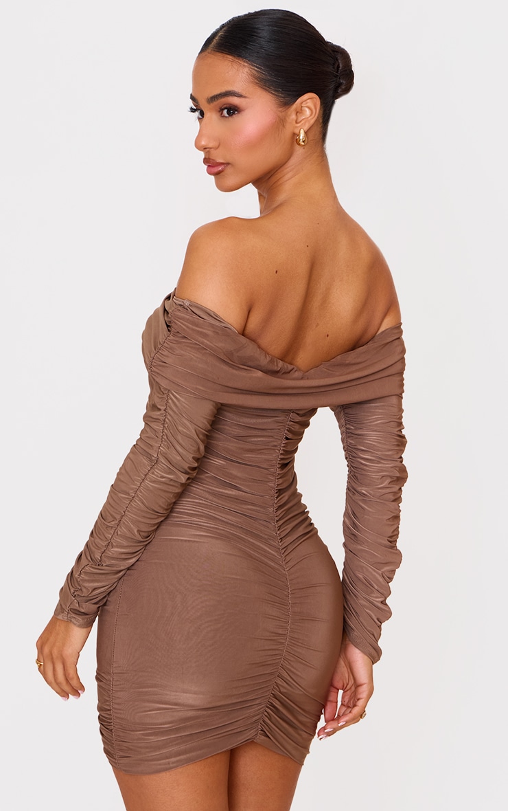 Petite Taupe Double Slinkly Asymmetric Bardot Ruched Mini Dress image 2