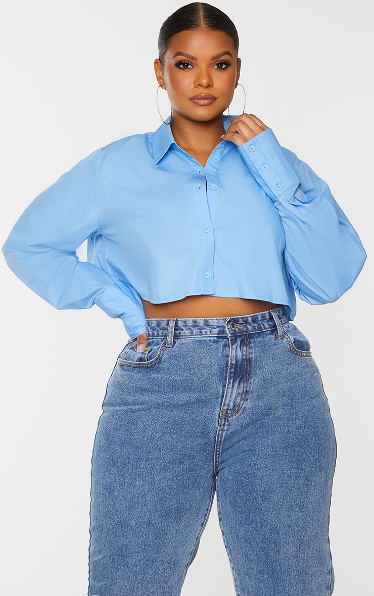 Plus Blue Cotton Oversized Crop Shirt