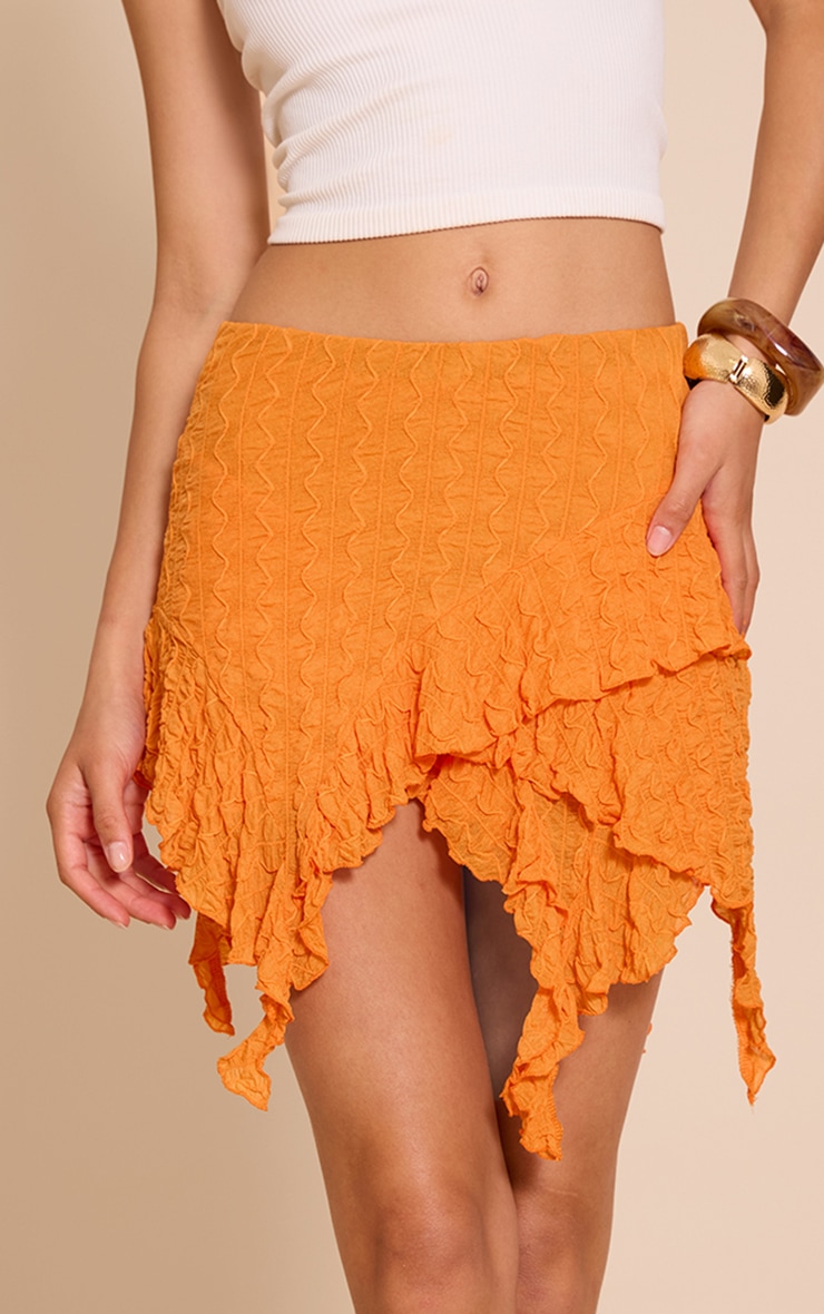 Orange Sheer Textured Jersey Handkerchief Hem Mini Skirt image 2
