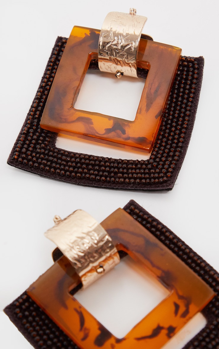 Brown Beaded Square Drop Earrings