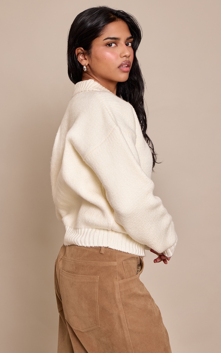 Petite Cream Knitted Zip Up Bomber Jacket image 2