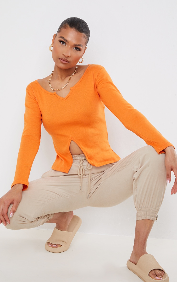 Orange Rib V Cut Out Long Sleeve Top