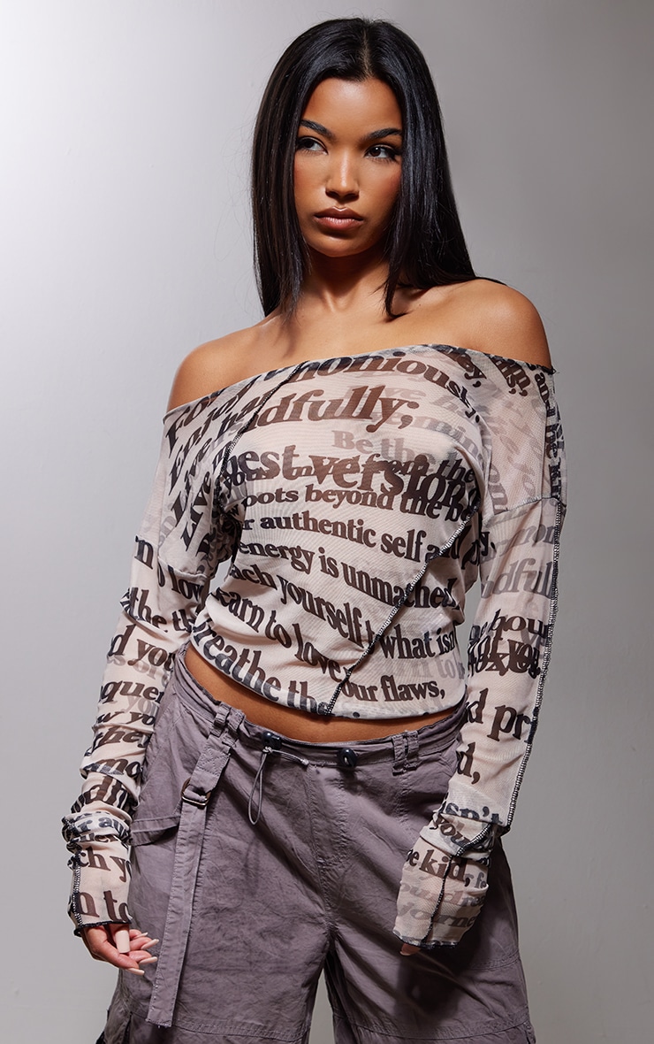 Stone Abstract Print Bardot Lettuce Hem Top