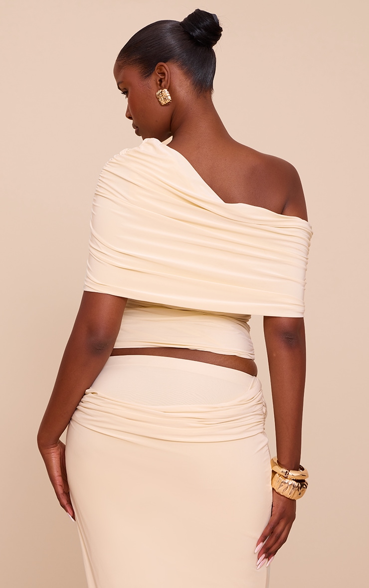 Cream Double Layer Slinky Ruched Bardot Long Top image 2