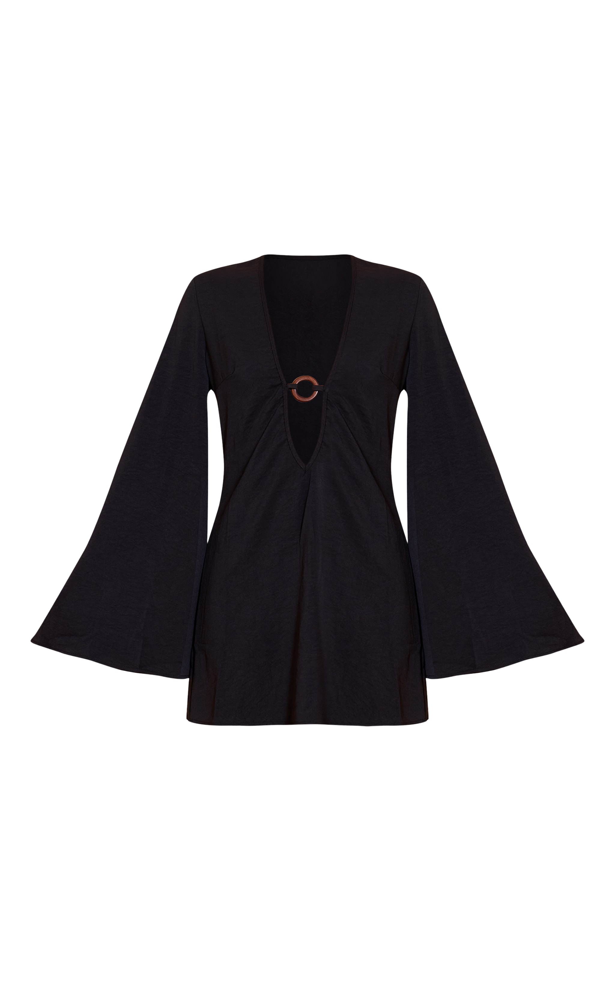 Black Floaty Woven Plunge Ring Detail A Line Mini Dress image 5