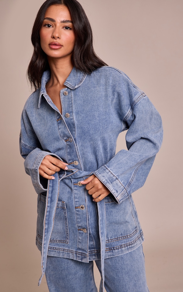 Petite Mid Blue Tie Waist Utility Denim Jacket