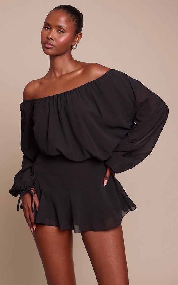 Black Chiffon One Shoulder Floaty Detail Skort Romper