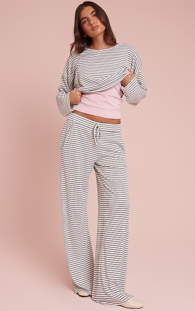 White Ribbed Striped Detail Drawstring Wide Leg Pants