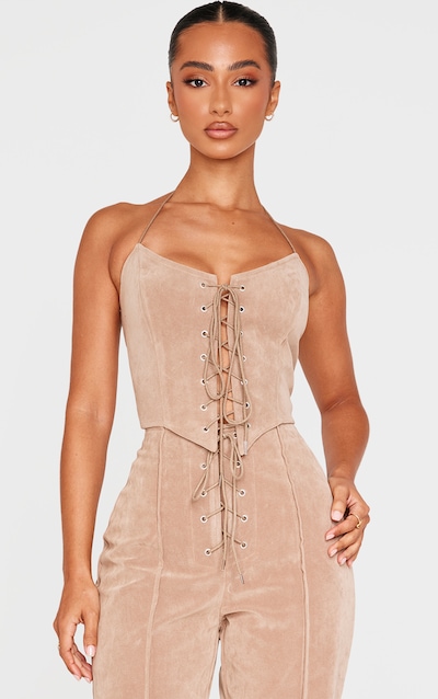 Petite Top corset en suédine taupe à lacets