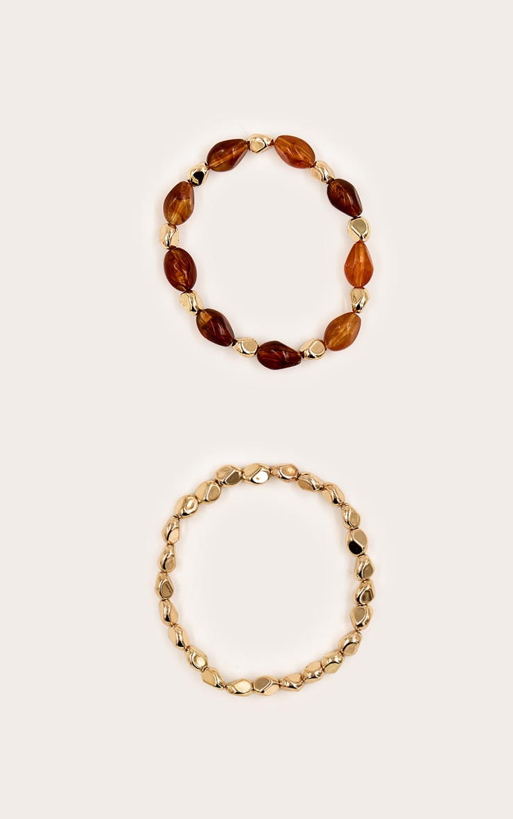 Gold Textured Bracelet with Brown Resin Detail Multi-Pack image 2