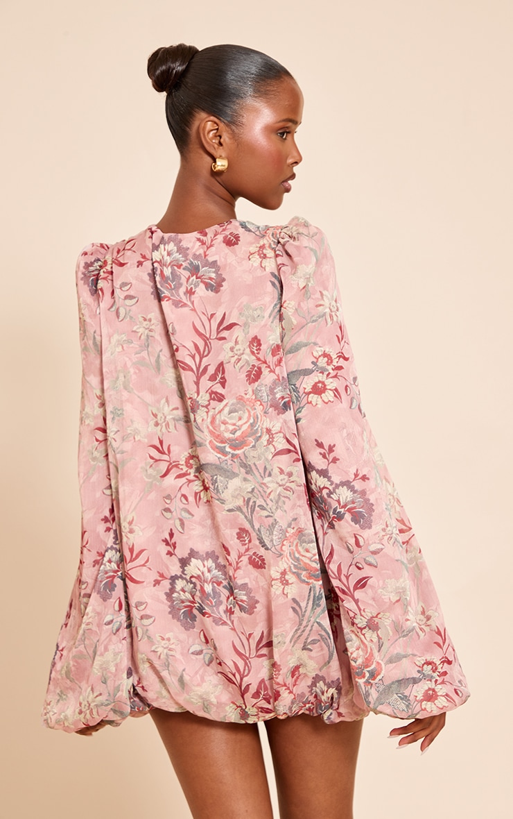 Blush Floral Print Plunge Puff Sleeve Shift Dress image 2
