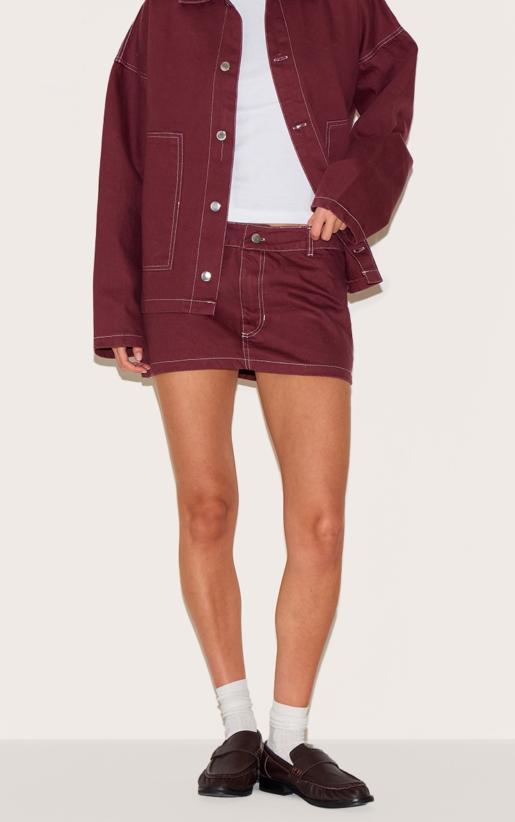 Burgundy Contrast Stitch Denim Mini Skirt image 2