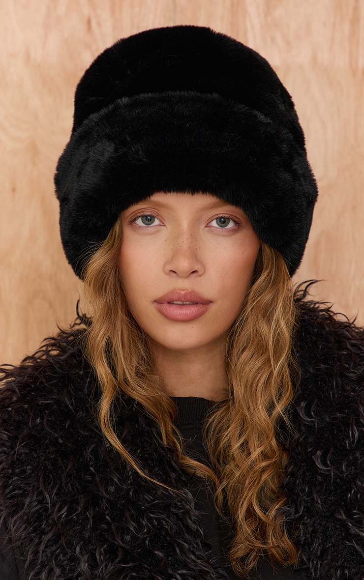 Black Soft Faux Fur Beanie image 1