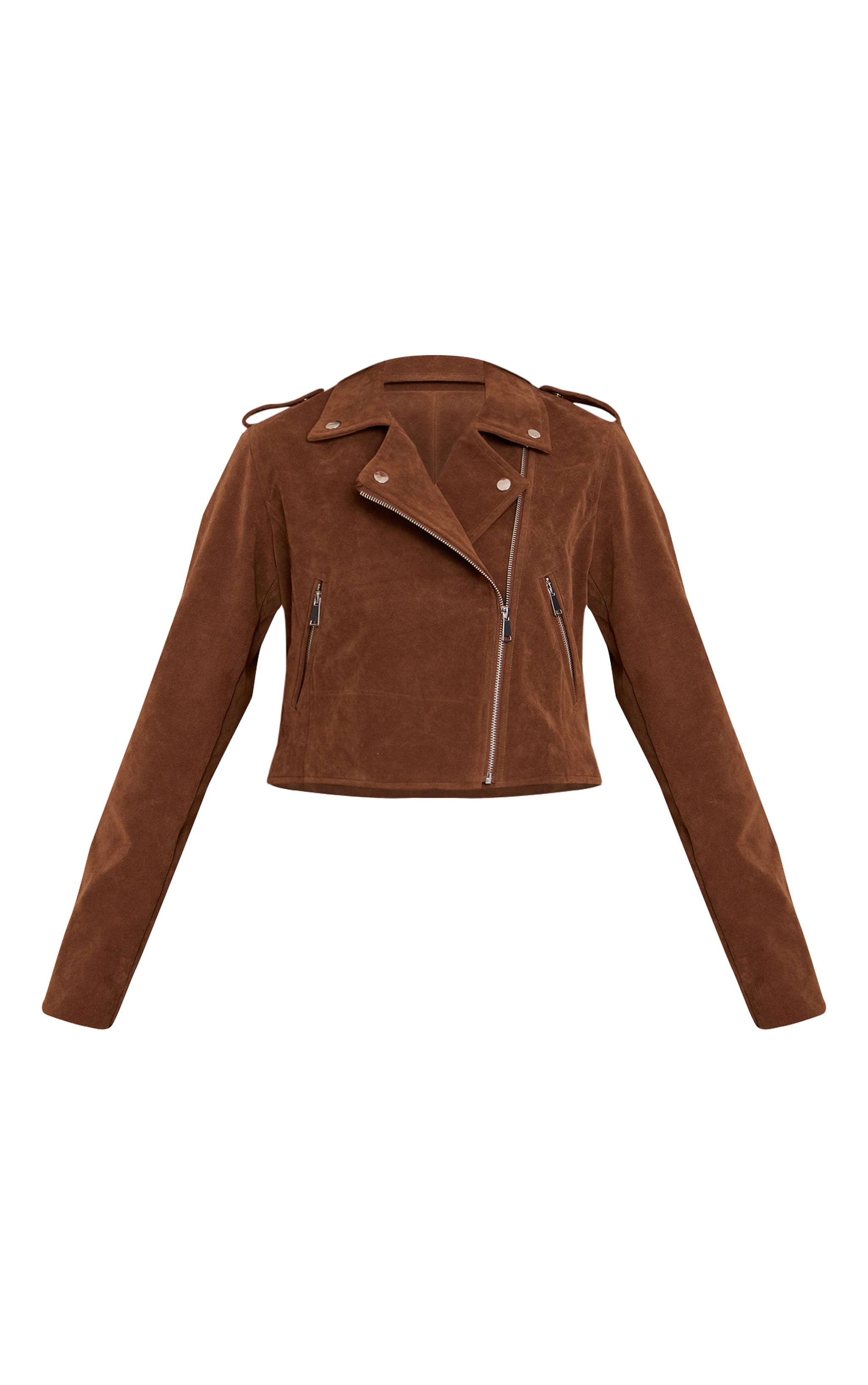 Brown Basic Faux Suede Pocket Detail Biker Jacket image 5